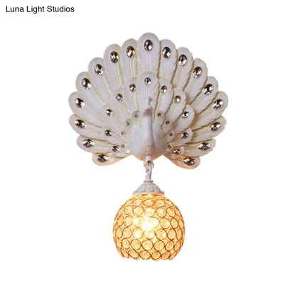 Retro peacock silver & white wall lamp living room clear crystal