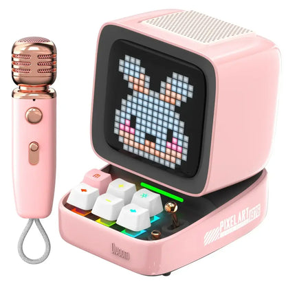 Retro pink bluetooth speaker with karaoke microphone bedroom pixel art