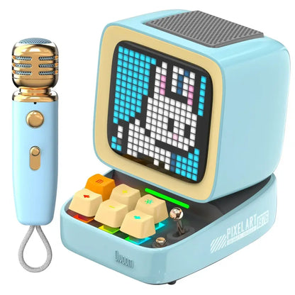 Retro pink bluetooth speaker with karaoke microphone bedroom pixel art