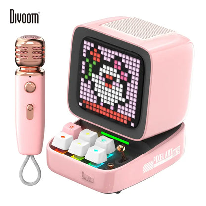 Retro pink bluetooth speaker with karaoke microphone bedroom pixel art