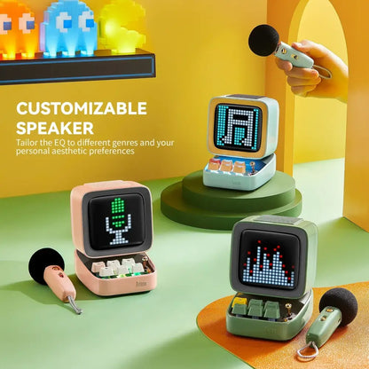 Retro pink bluetooth speaker with karaoke microphone bedroom pixel art