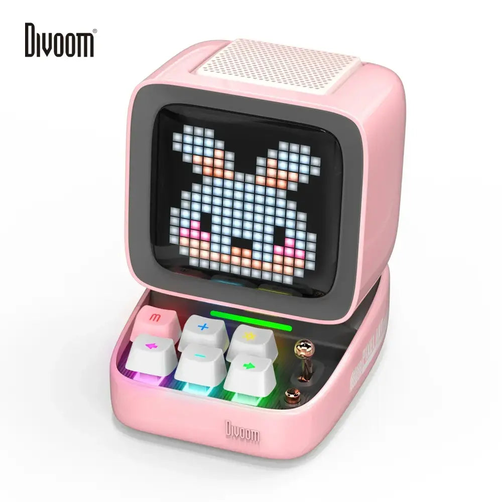 Retro pink pixel art alarm clock speaker – bedroom decor