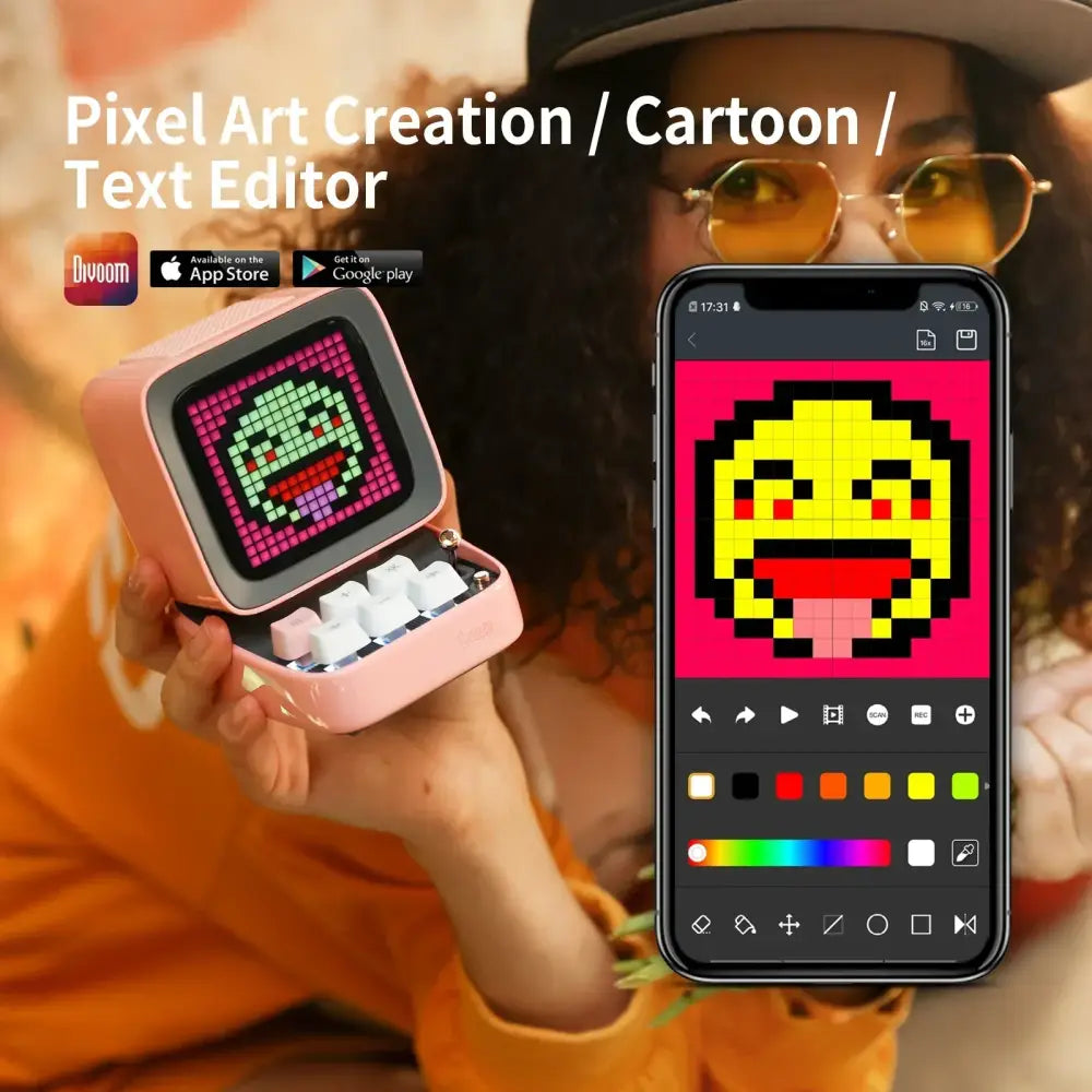 Retro pink pixel art alarm clock speaker – bedroom decor