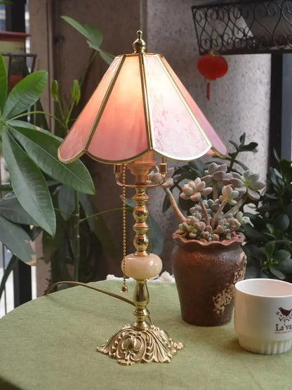 Retro pink stained glass brass desk lamp bedroom vintage light