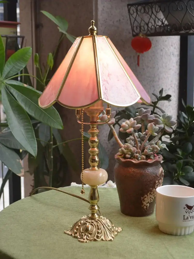 Retro pink stained glass brass desk lamp bedroom vintage light
