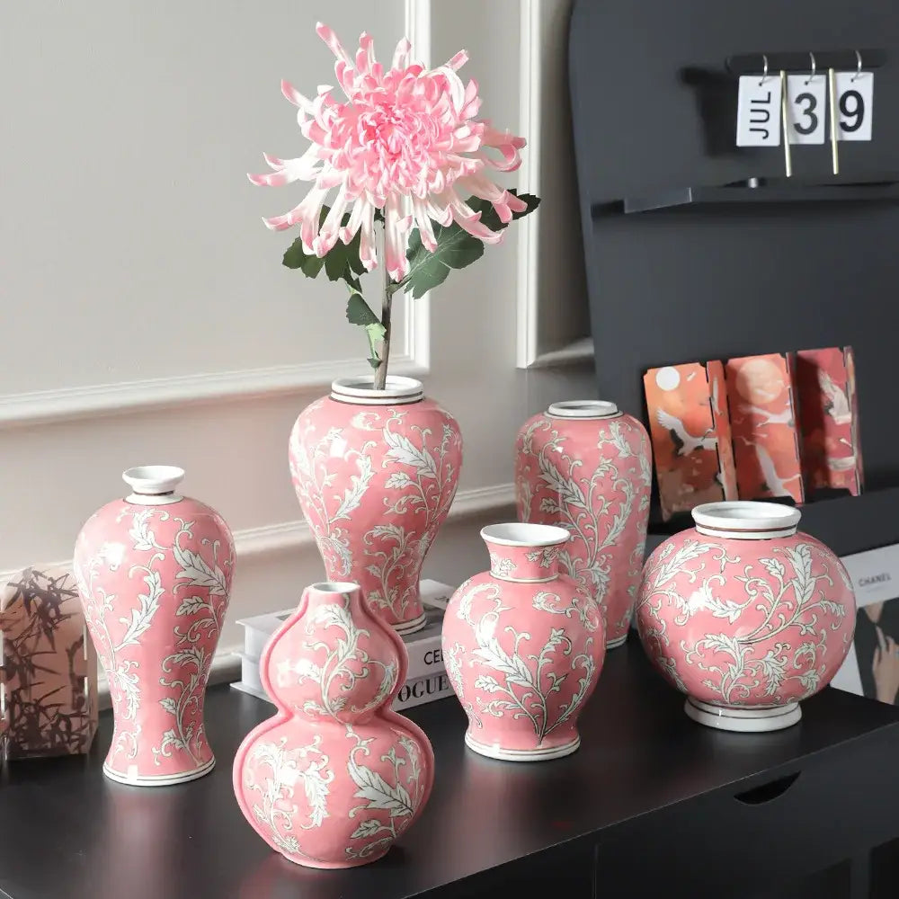 Retro pink & white porcelain vase living room flower decor