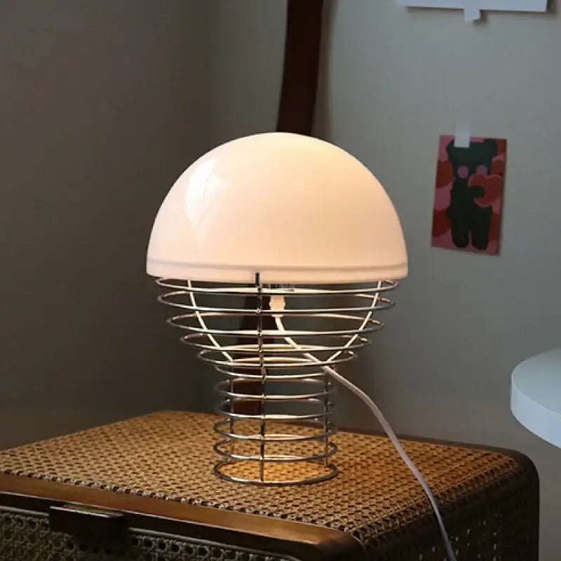 Retro red glass table lamp – bedroom chrome wireframe base