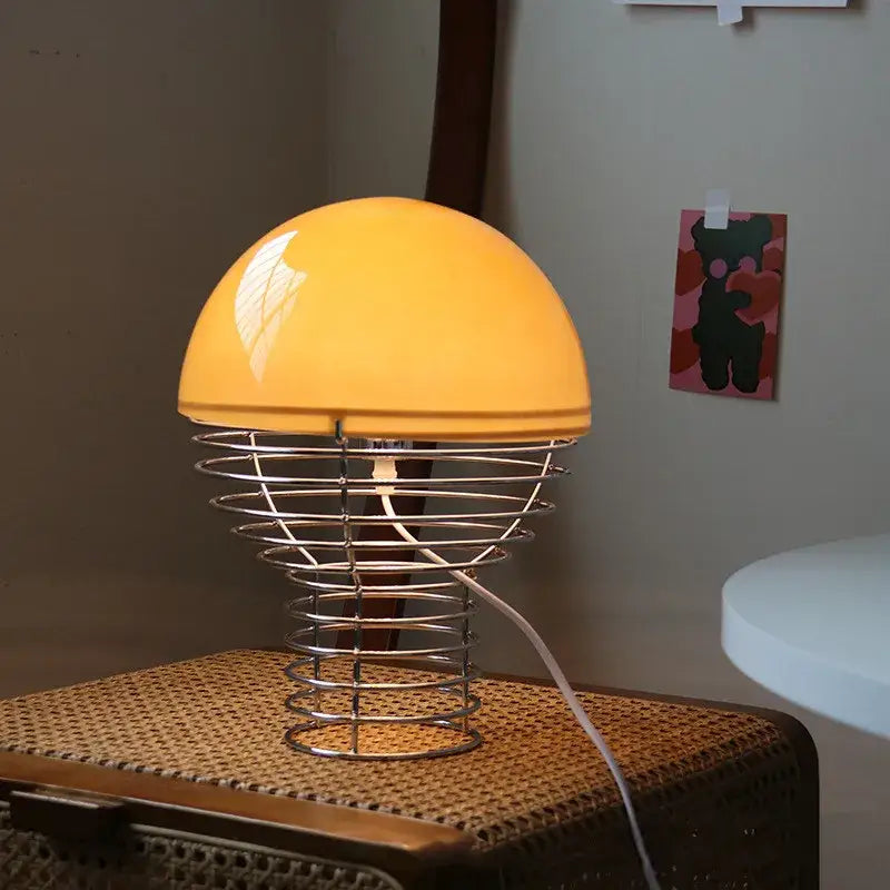 Retro red glass table lamp – bedroom chrome wireframe base