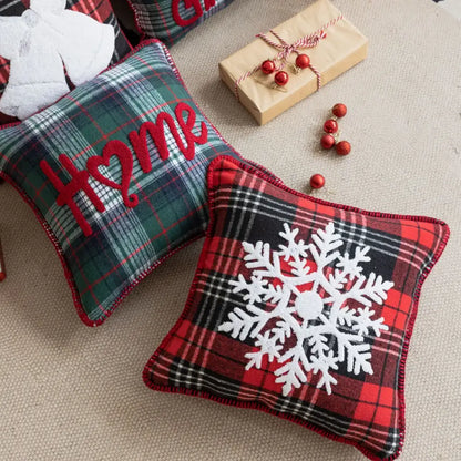 Retro red & green plaid snowflake jingle bell pillow case living room