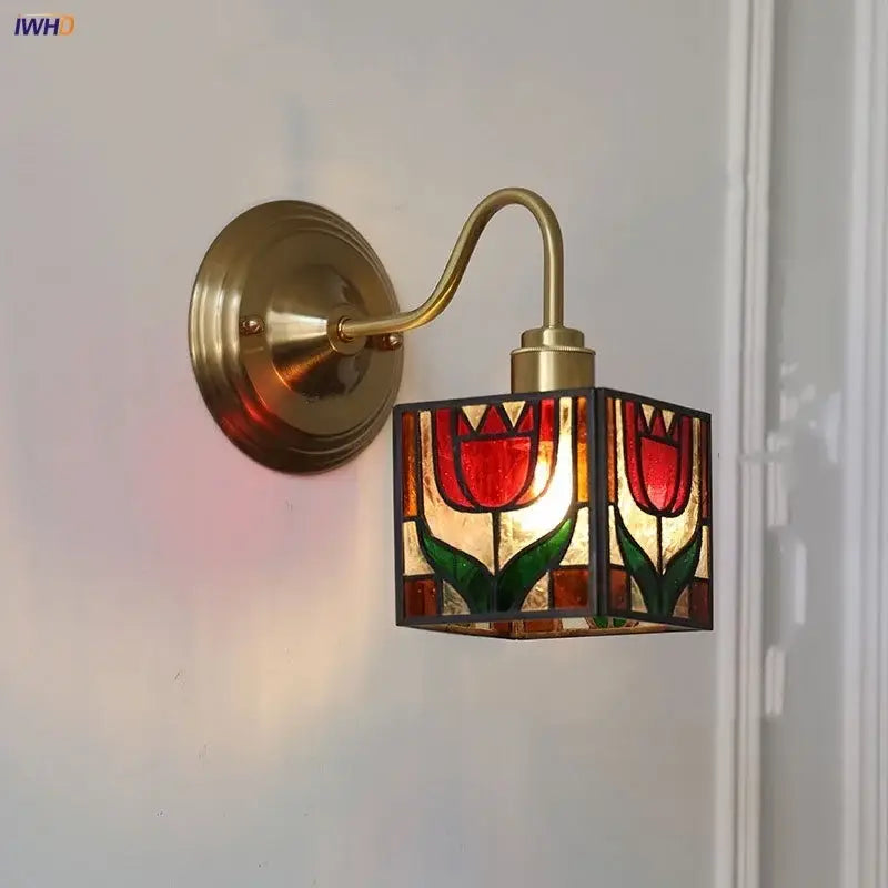 Retro red tulip stained glass cube led wall sconce bedroom light
