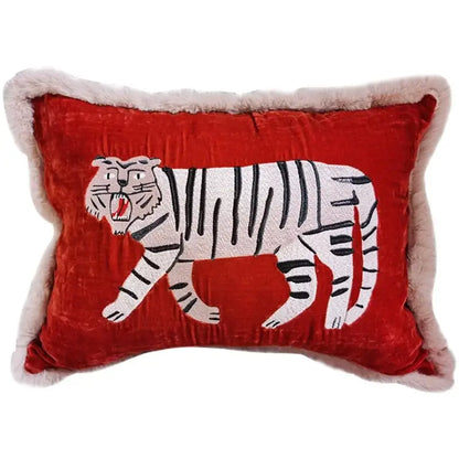 Retro red velvet tiger embroidery cushion cover living room decor