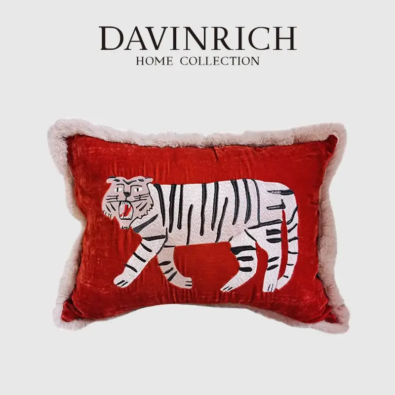 Retro red velvet tiger embroidery cushion cover living room decor