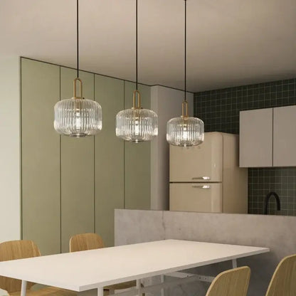 Retro ribbed clear glass pendant light dining room brass fixture