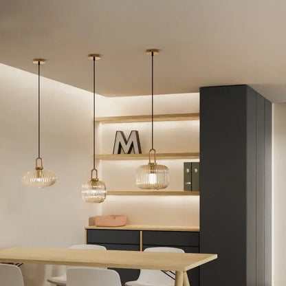 Retro ribbed clear glass pendant light dining room brass fixture