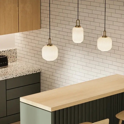 Retro ribbed clear glass pendant light dining room brass fixture