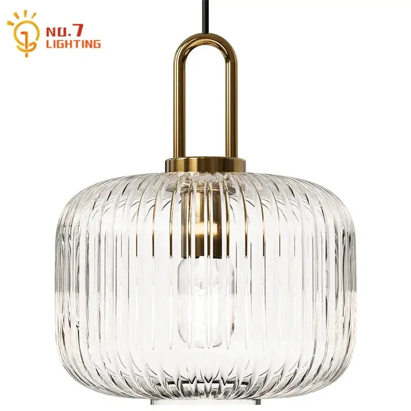 Retro ribbed clear glass pendant light dining room brass fixture
