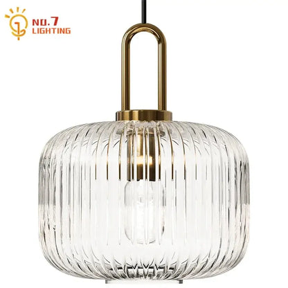 Retro ribbed clear glass pendant light dining room brass fixture