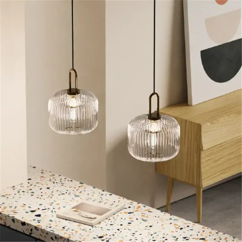 Retro ribbed clear glass pendant light dining room brass fixture