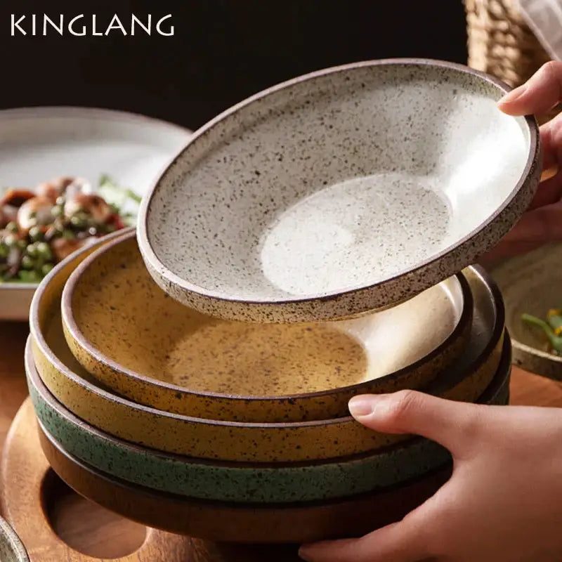 Retro speckled beige ceramic round plate set dining room tableware