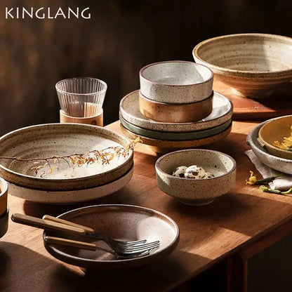 Retro speckled beige ceramic round plate set dining room tableware