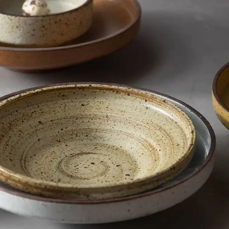 Retro speckled beige ceramic round plate set dining room tableware