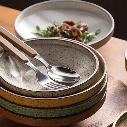 Retro speckled beige ceramic round plate set dining room tableware