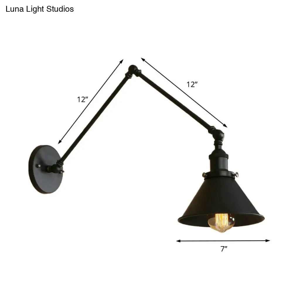 DecorBites™ Retro Style Swing Arm Wall Lamp: 1-Head Sconce with Conic Shade, Metal, Indoor - Black