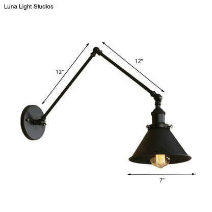 DecorBites™ Retro Style Swing Arm Wall Lamp: 1-Head Sconce with Conic Shade, Metal, Indoor - Black
