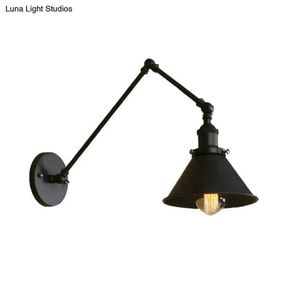 DecorBites™ Retro Style Swing Arm Wall Lamp: 1-Head Sconce with Conic Shade, Metal, Indoor - Black