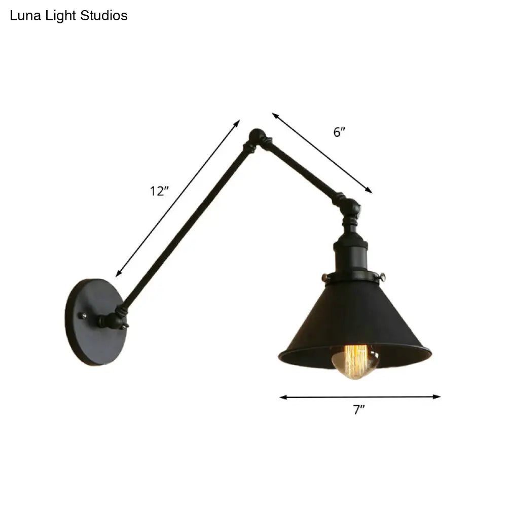 DecorBites™ Retro Style Swing Arm Wall Lamp: 1-Head Sconce with Conic Shade, Metal, Indoor - Black
