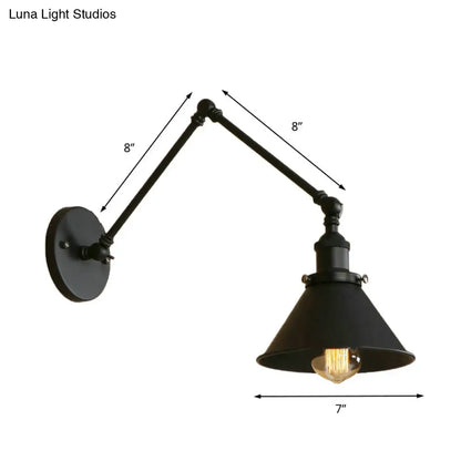 DecorBites™ Retro Style Swing Arm Wall Lamp: 1-Head Sconce with Conic Shade, Metal, Indoor - Black