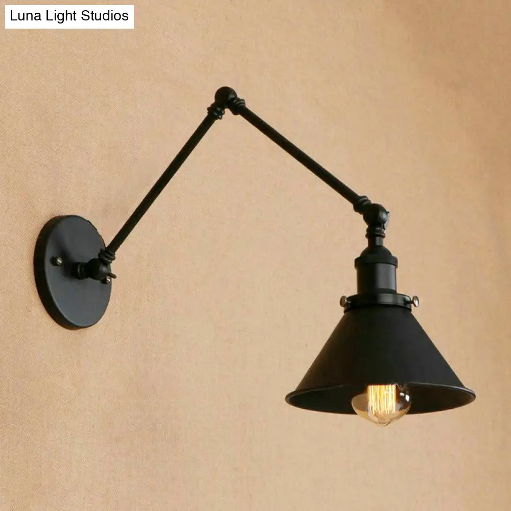 DecorBites™ Retro Style Swing Arm Wall Lamp: 1-Head Sconce with Conic Shade, Metal, Indoor - Black