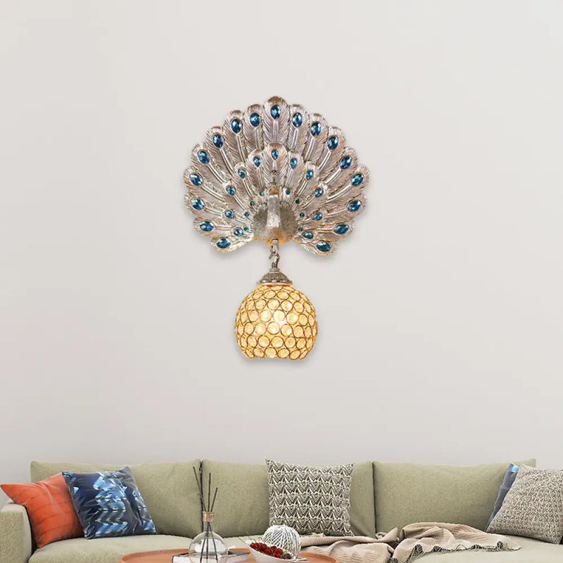 DecorBites™ Retro Stylish Wall Sconce with Clear Crystal and Peacock Backplate in Silver/White