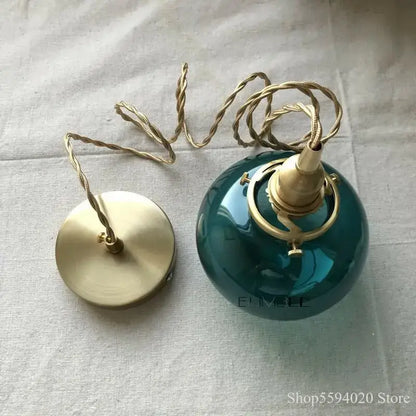 Retro teal and brass glass pendant chandelier bedroom hanging light