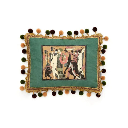 Retro teal velvet garden scene cushion covers living room tassels