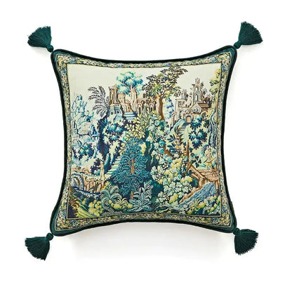 Retro teal velvet garden scene cushion covers living room tassels