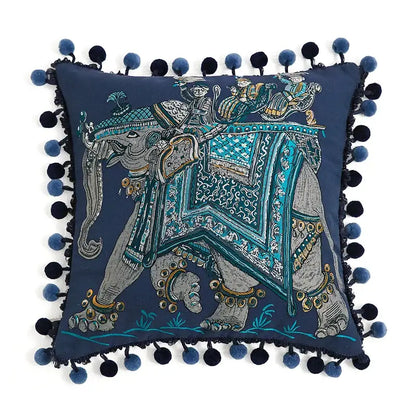 Retro teal velvet garden scene cushion covers living room tassels