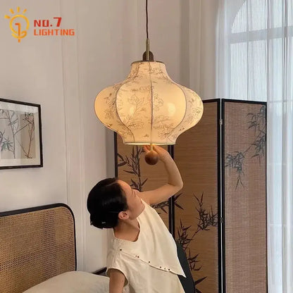 Retro wabi-sabi cream fabric pendant lights – bedroom lantern lamp
