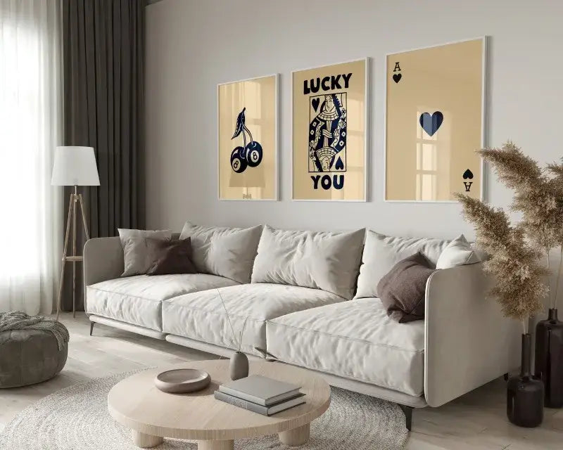 Retro blue and cream playing card wall art set living room decor