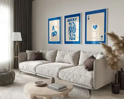 Retro blue and cream playing card wall art set living room decor