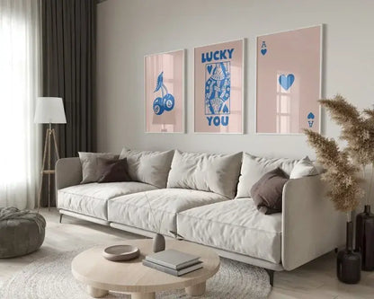 Retro blue and cream playing card wall art set living room decor