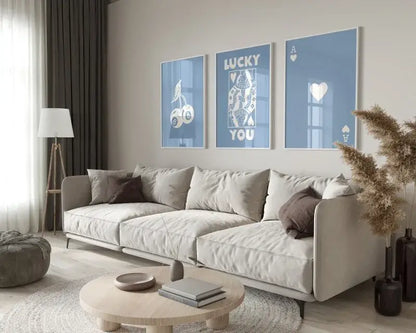 Retro blue and cream playing card wall art set living room decor