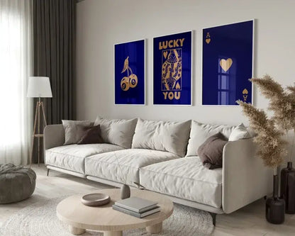 Retro blue and cream playing card wall art set living room decor