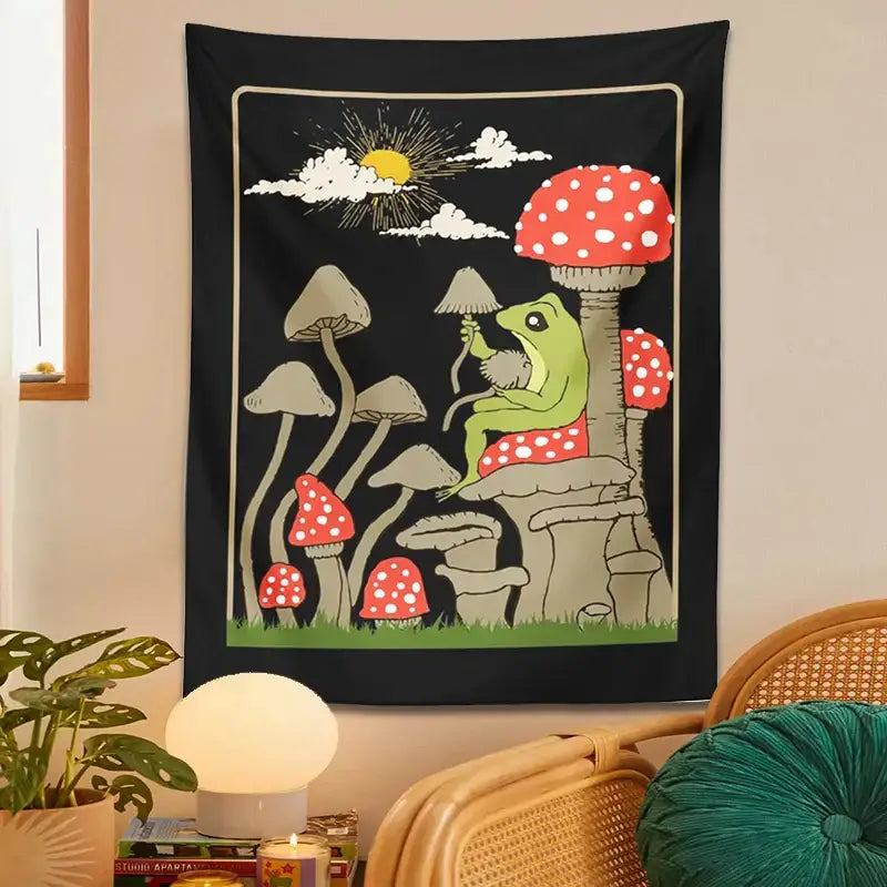 Retro whimsical black cute frog tapestry bedroom wall hanging