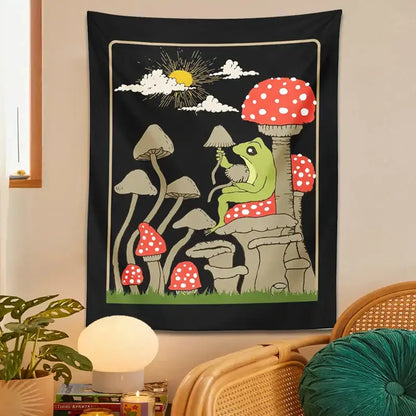Retro whimsical black cute frog tapestry bedroom wall hanging