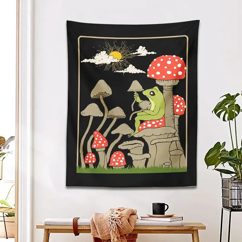 Retro whimsical black cute frog tapestry bedroom wall hanging