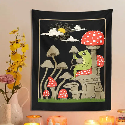 Retro whimsical black cute frog tapestry bedroom wall hanging