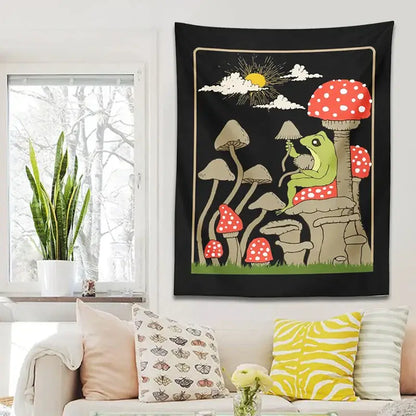 Retro whimsical black cute frog tapestry bedroom wall hanging
