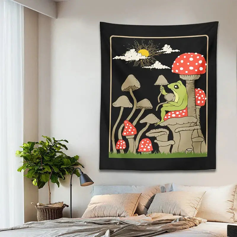 Retro whimsical black cute frog tapestry bedroom wall hanging