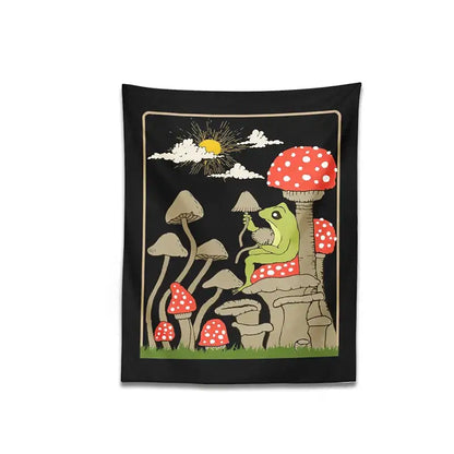 Retro whimsical black cute frog tapestry bedroom wall hanging